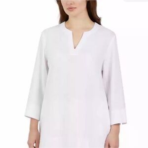 Land’s End White 3/4 Sleeve Top Size XXL Linen Tunic V-Neck With Pockets